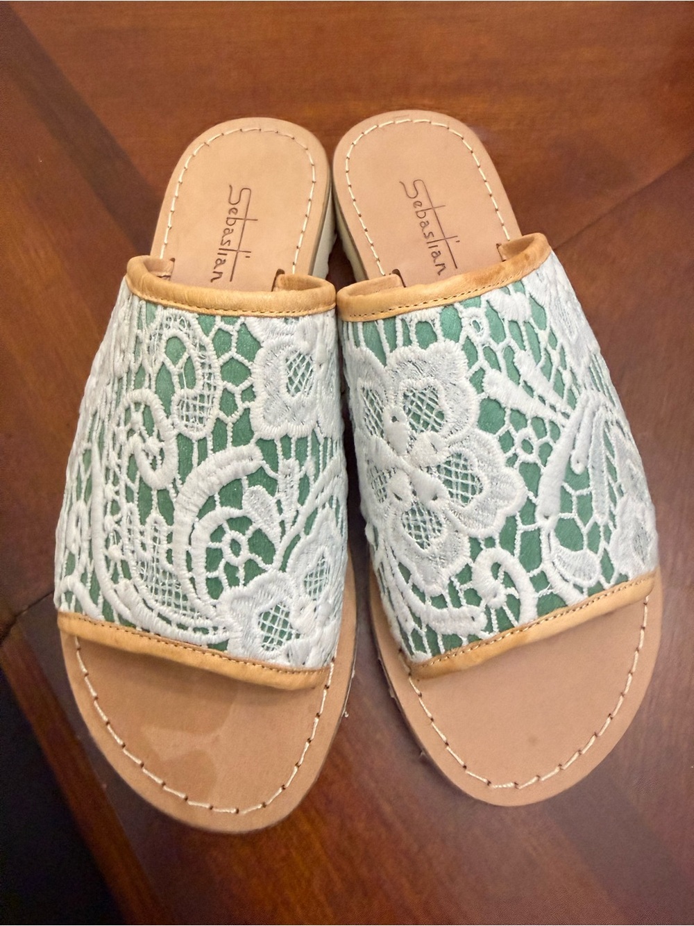 Sebastian Milano Green Lace Slide Mules with Cream Trim EU35